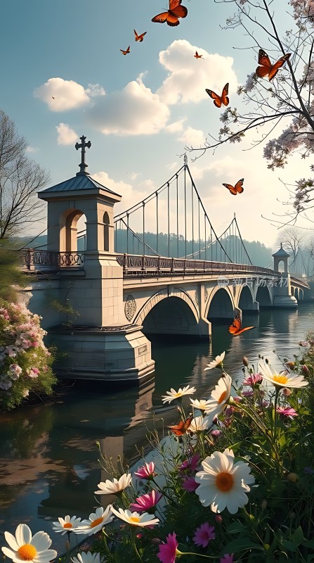 湖畔花语蝶舞桥影