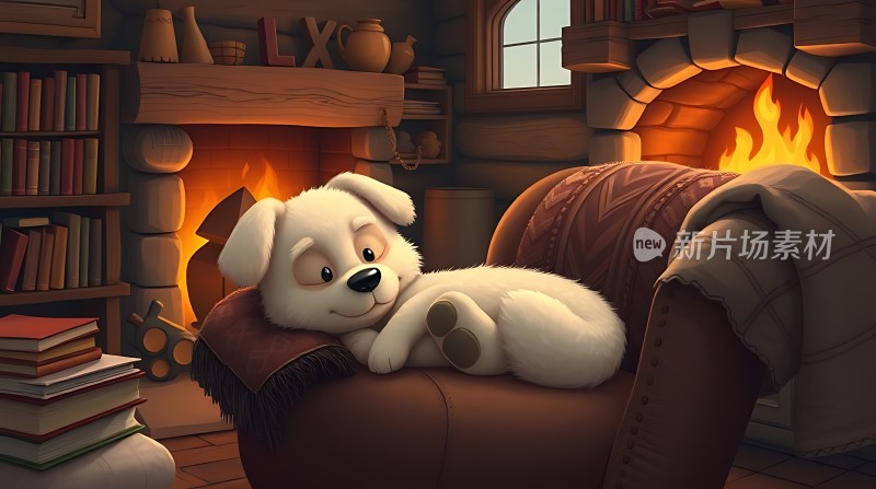 温馨小狗 fireplace旁阅读时光