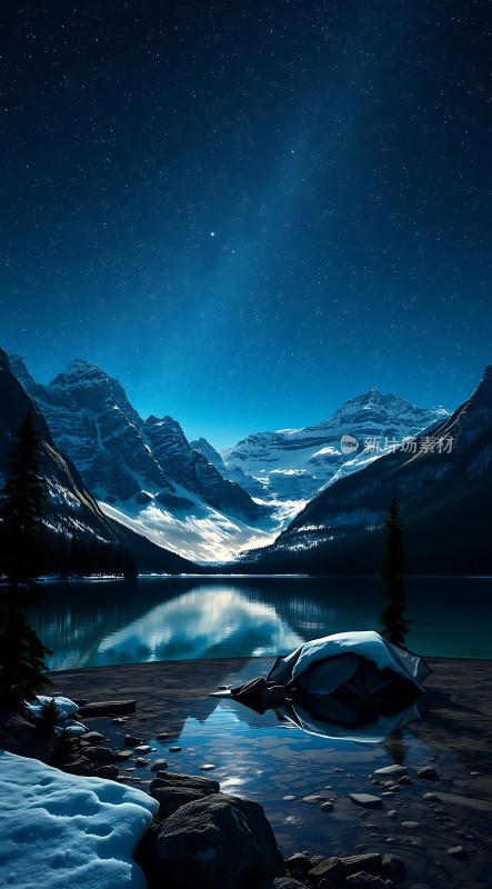 雪山星河映湖畔静谧夜色入眼帘