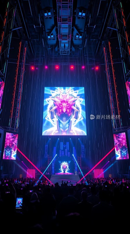 舞台灯光璀璨观众热情高涨屏幕上显示着炫目的动漫角色形象