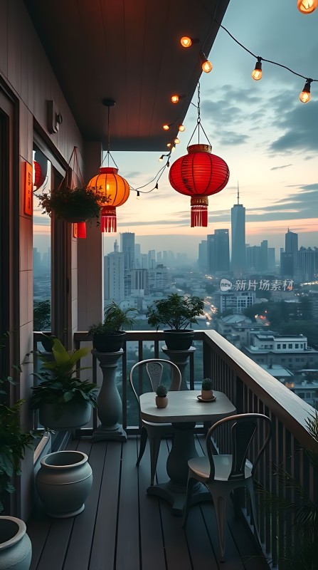 城市夜景下的温馨阳台