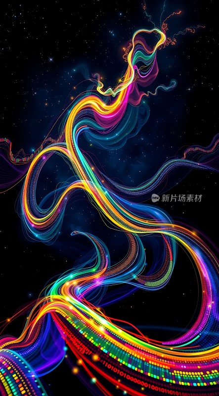 五彩斑斓的光彩线条在黑暗背景中交织