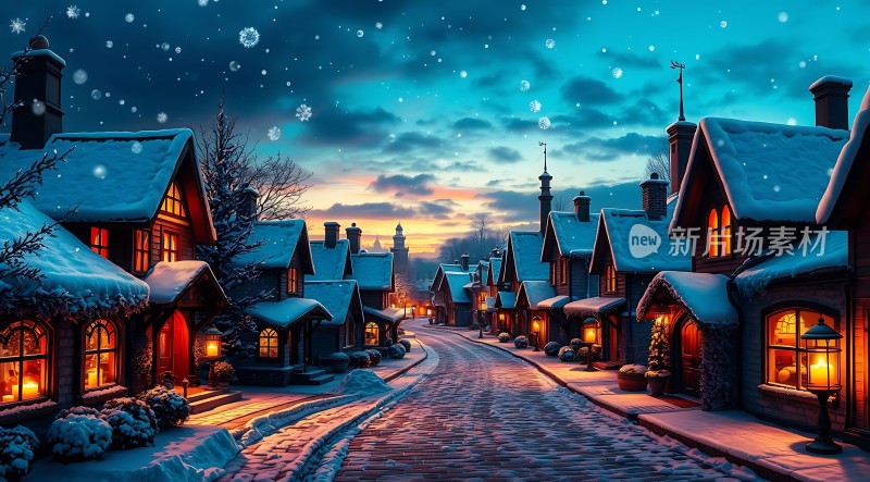 雪夜小镇温馨宁静