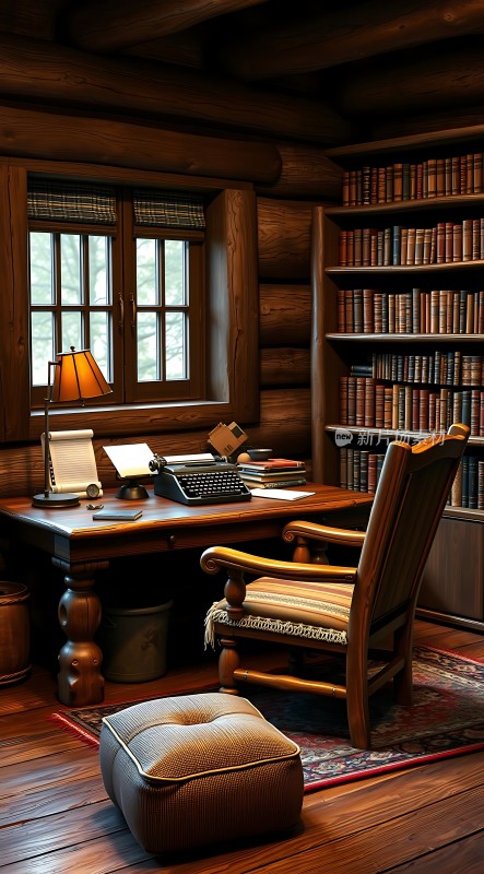 木屋书房古董打字机与书架