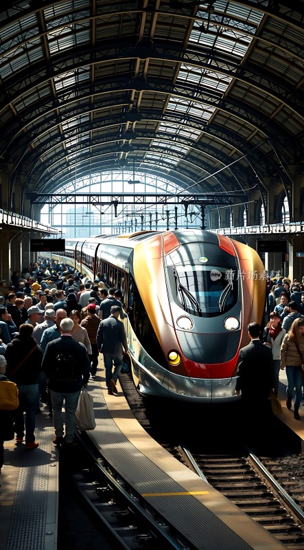 高铁站内人潮涌动现代列车停靠站台