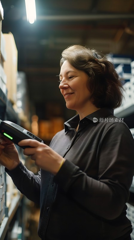 仓库女工手持扫描仪专注工作
