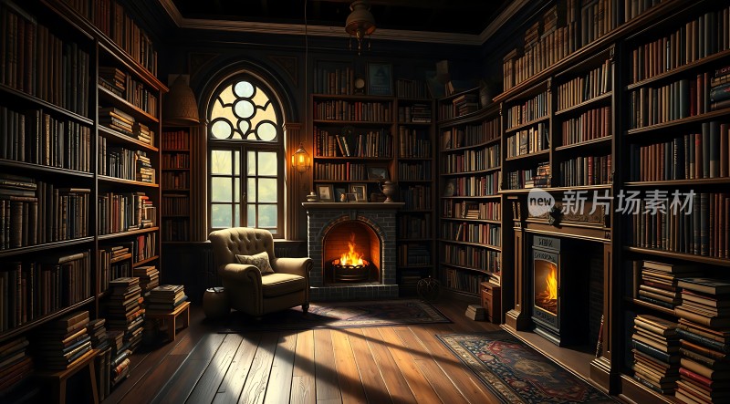 古色古香书房书架环绕壁炉温暖阳光洒落