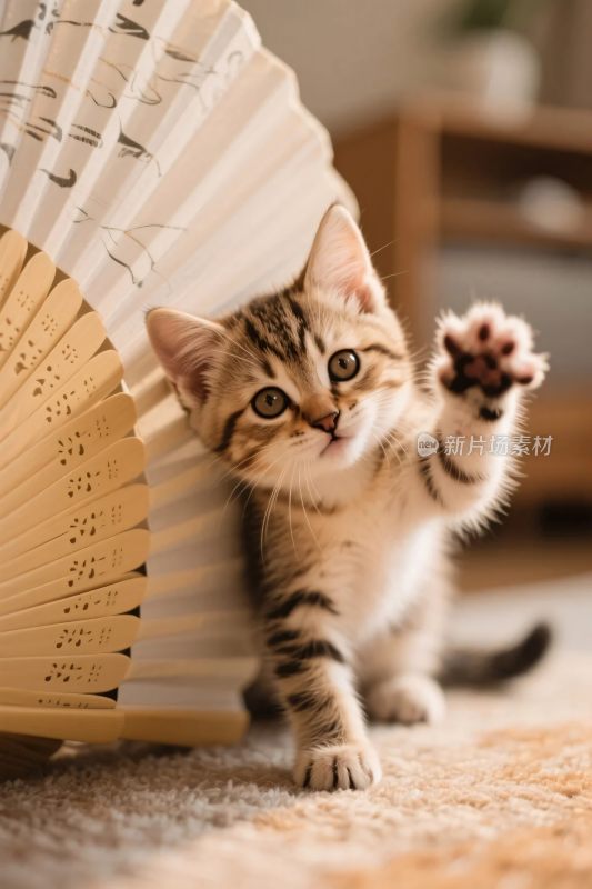 小猫与折扇的温馨画面