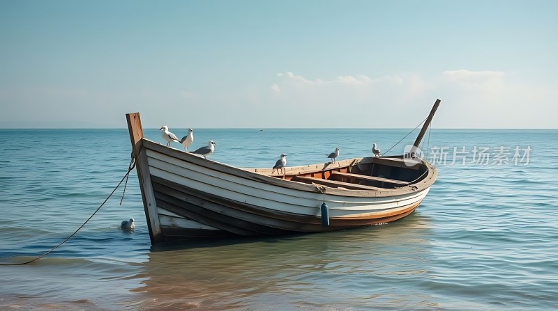 海鸥栖息小船静谧海岸线