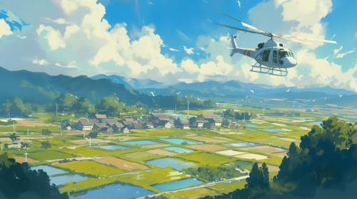 一架直升机飞行在乡村景象的上空