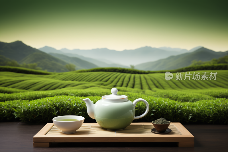 托盘上一个茶壶和一个杯子高清背景图片