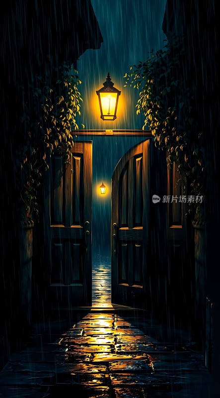雨夜路灯下的神秘小径