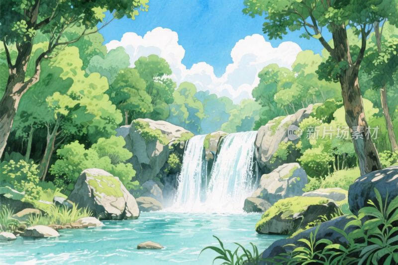 森林瀑布风景插画