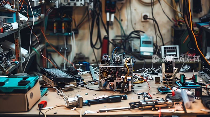 电子实验室工作台上的各种工具和设备