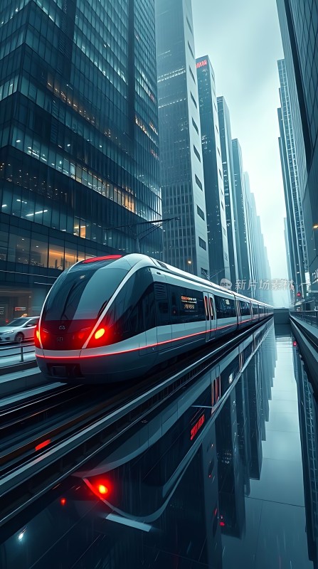 未来城市列车穿行高楼之间