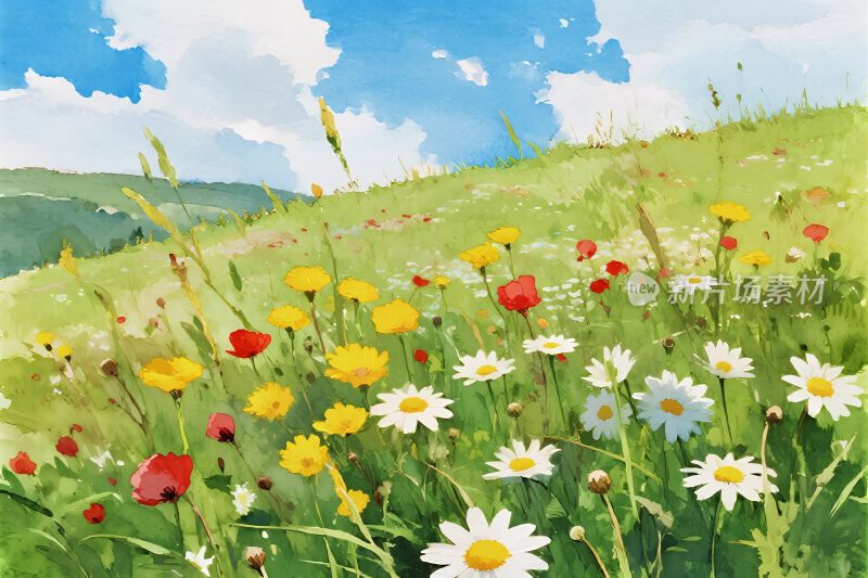 水彩野花草地风景