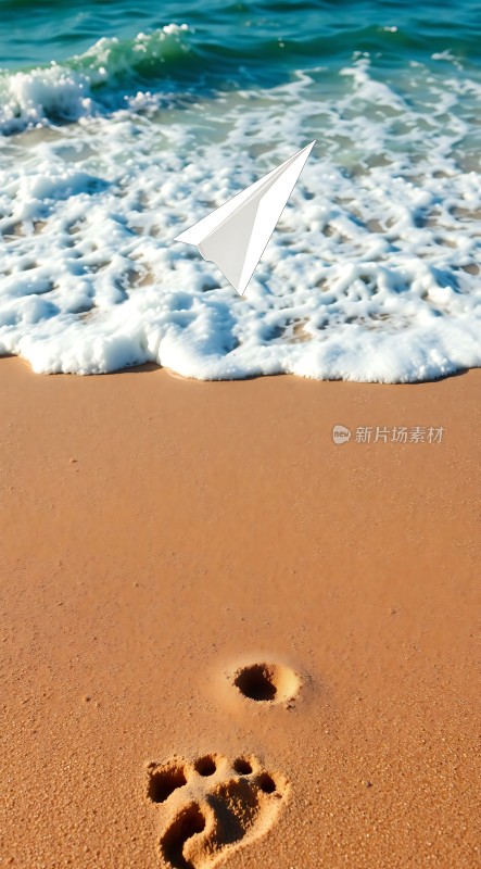 沙滩上的纸飞机与脚印