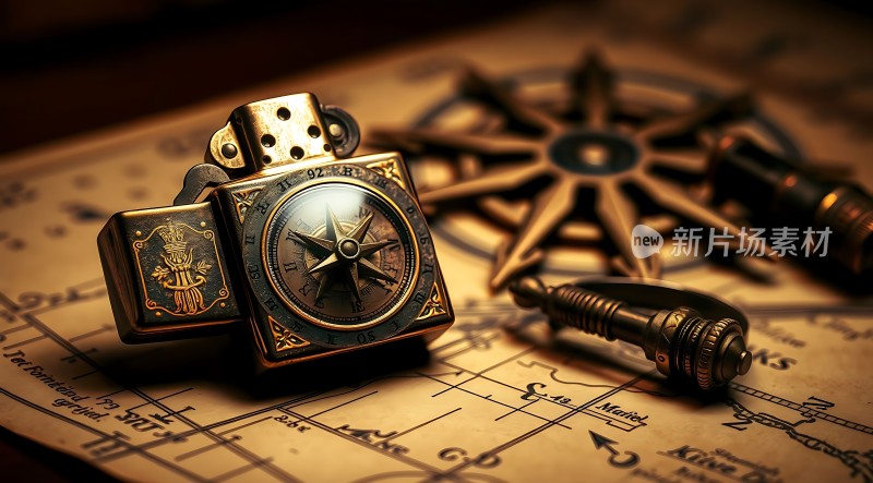 古铜指南针与地图