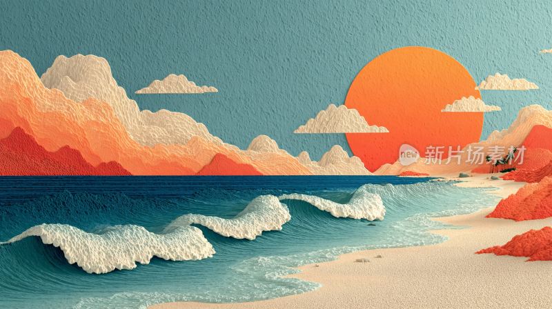 海边日落插画风景