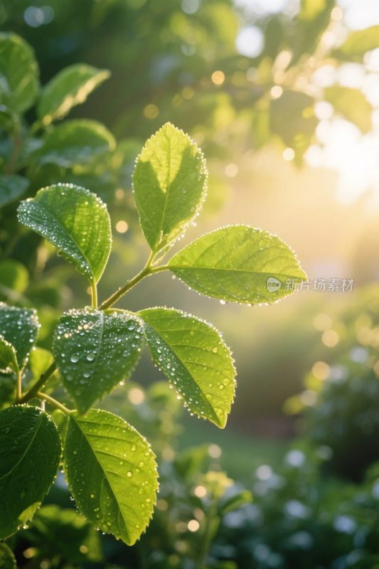 绿叶晨光带露珠
