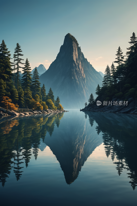 一个山湖树木和一座高山清插画图片