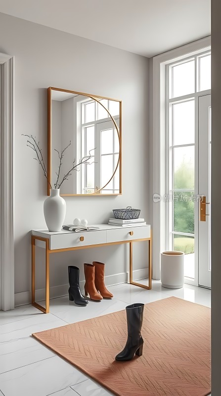 简约现代家居入口处展示时尚鞋柜与装饰品