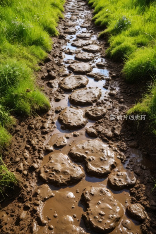 铺着泥石和草的小路通向一片草地风景图片