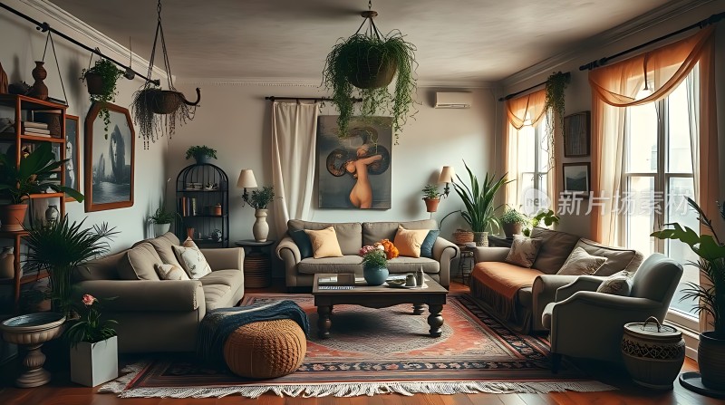 温馨客厅绿意盎然舒适沙发点缀生活