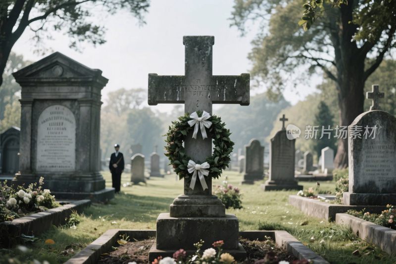 墓地十字架与墓碑场景