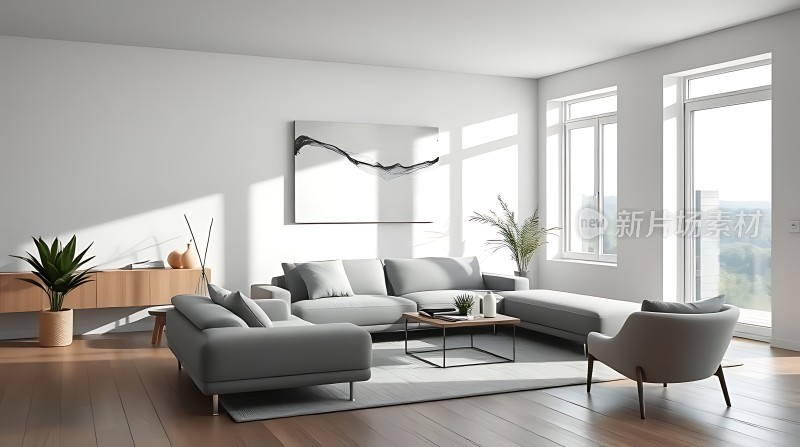 现代简约客厅灰白色调沙发木质地板与家具自然光线充足绿植点缀艺术画作装饰