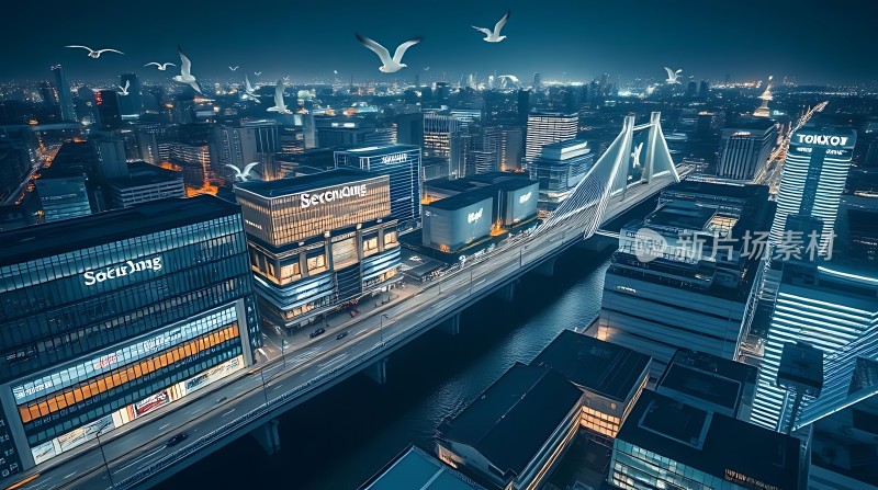 繁华都市夜景下的现代建筑群与桥梁