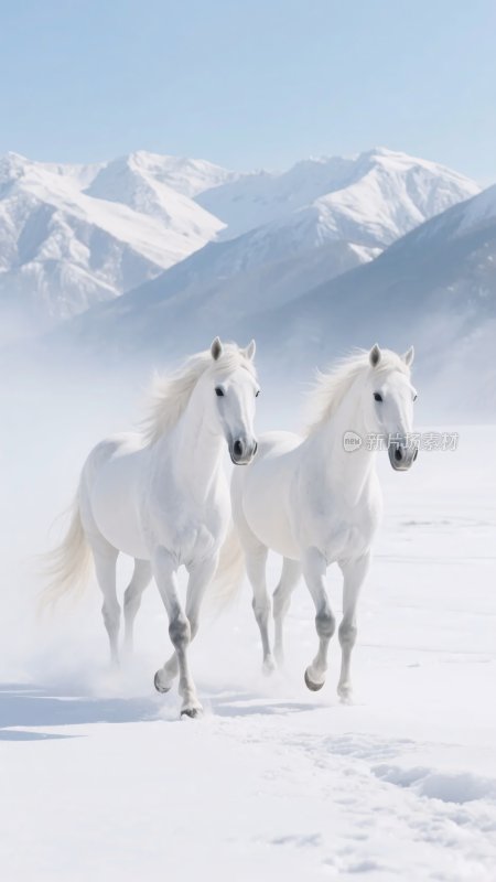 雪地中奔腾的两匹白马
