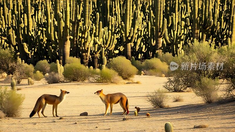 沙漠中的两只狐狸与仙人掌