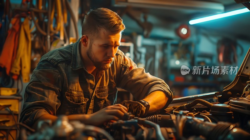 机械师专注检修汽车引擎
