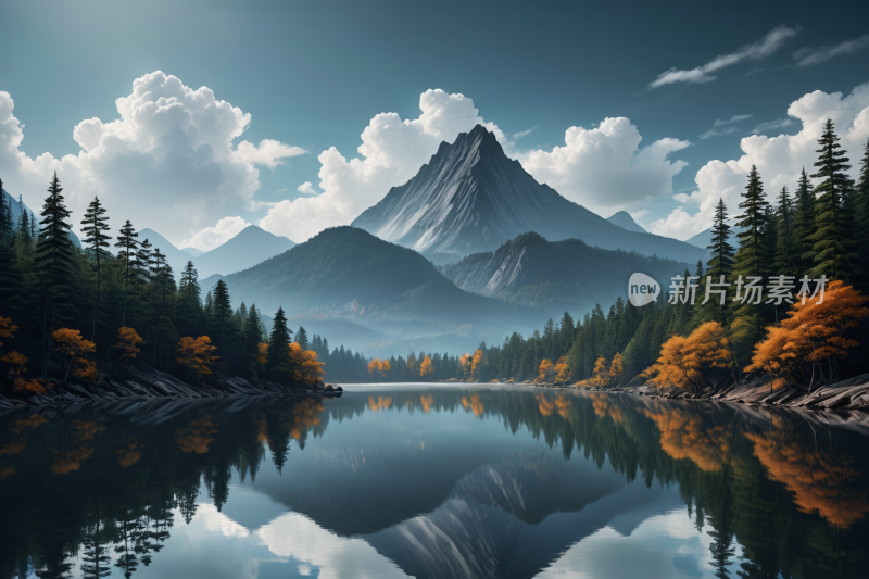 山和树倒映在前景的湖泊中高清风景插画图片