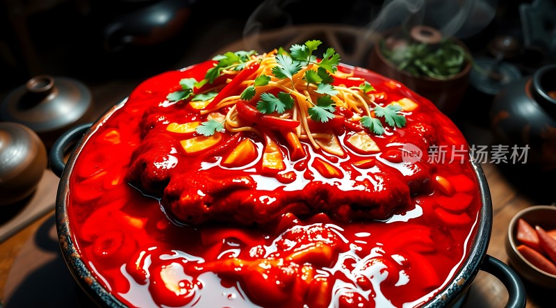 红亮诱人香菜点缀的美味佳肴