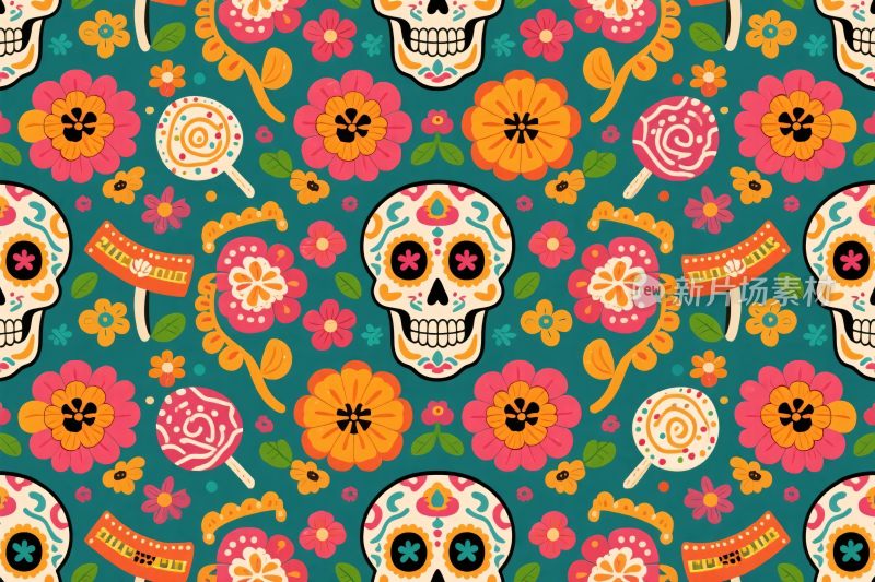 亡灵节骷髅花卉插画