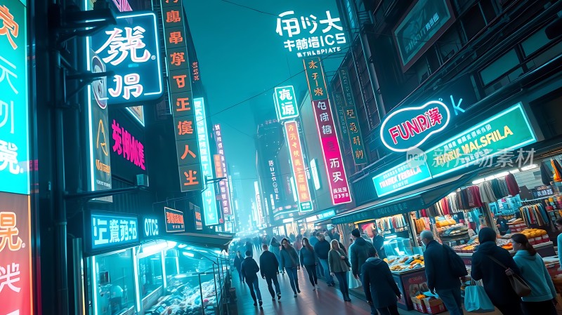 霓虹灯下的繁华夜市人潮涌动热闹非凡