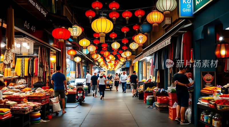 夜市灯笼下的繁华街景