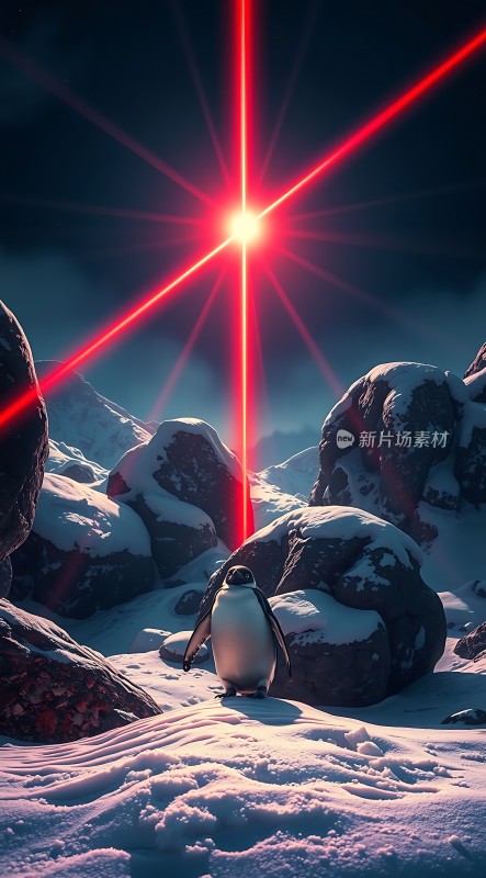 南极雪地上的企鹅与红光