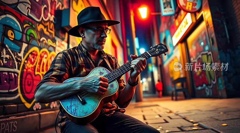 街头吉他手夜色下的音乐魅力
