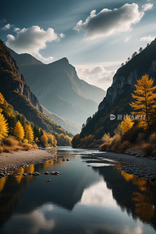 山倒映在山中的河水中高清图片