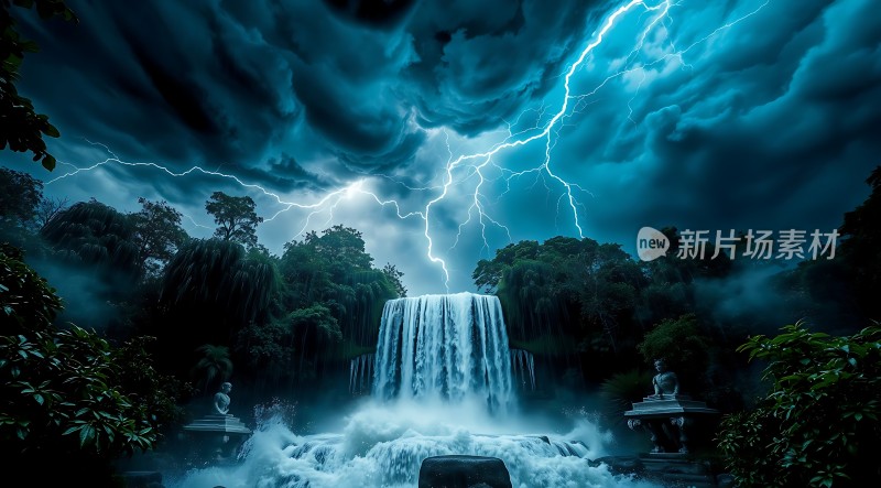 雷鸣电闪下的神秘瀑布奇景