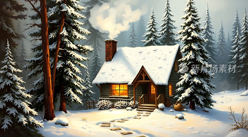 雪林小屋温馨宁静的冬日家园