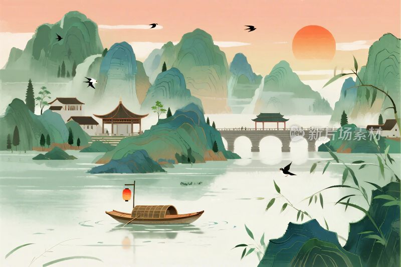 古风山水风景插画