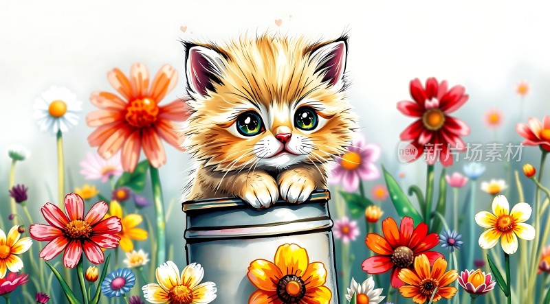 小猫探出花丛间罐子
