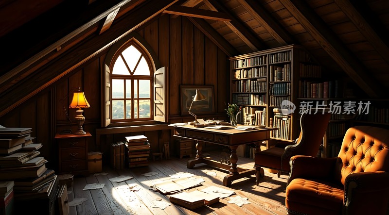 阳光下的阁楼书房木质家具与书籍营造温馨氛围