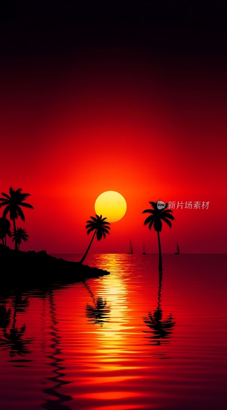 日落椰林映红海