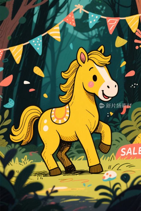 卡通森林小马插画