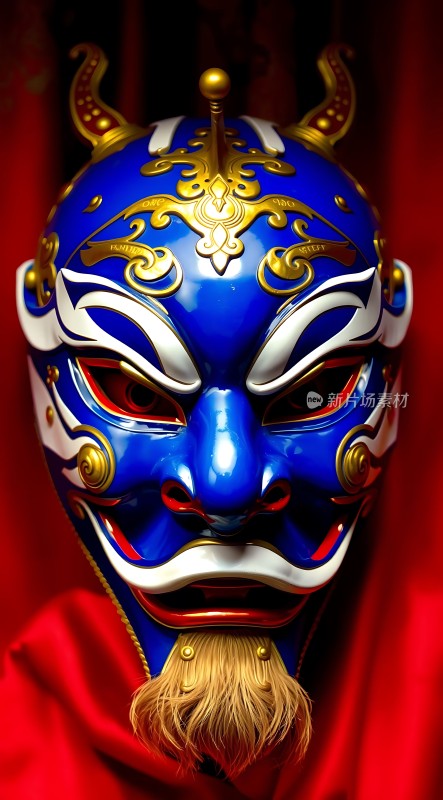 蓝色面具上的金色装饰和红色背景